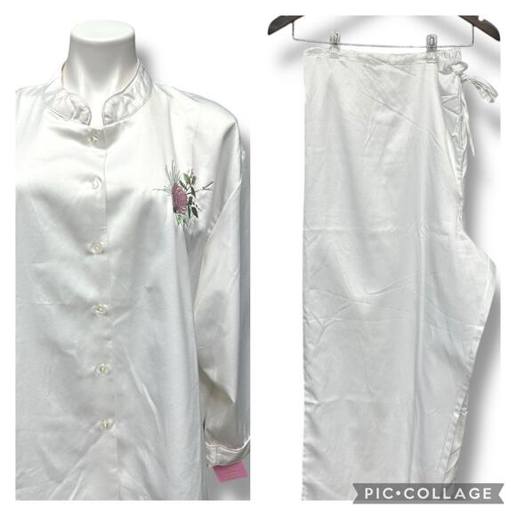 Kay Anna Pajama Set Brushed Back Satin White Embroidered Floral Cottage 3X New - Picture 1 of 16